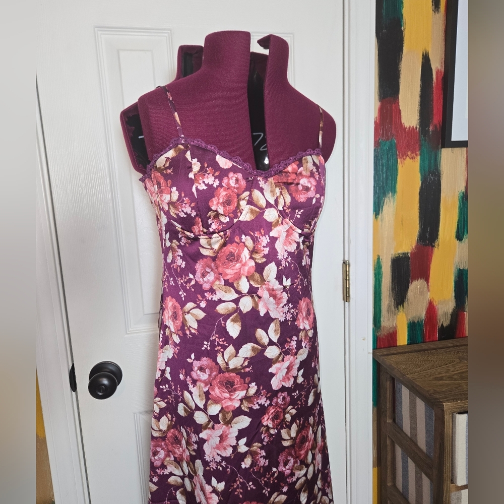 Altar'd State Medium Red Floral Strappy Lace Trim Maxi Dress